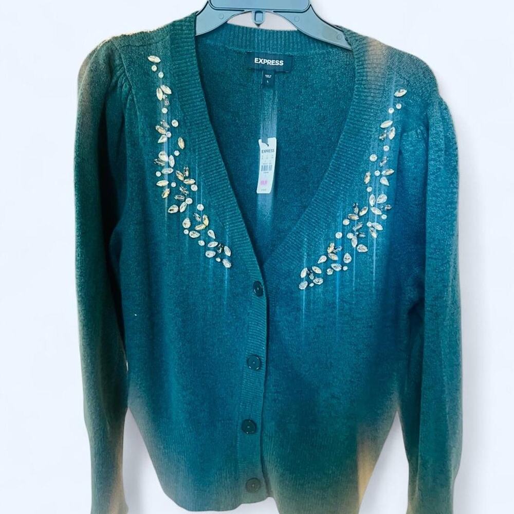 Express , πEmerald Green Embellished Cardigan Sweater β Size Large β NWT